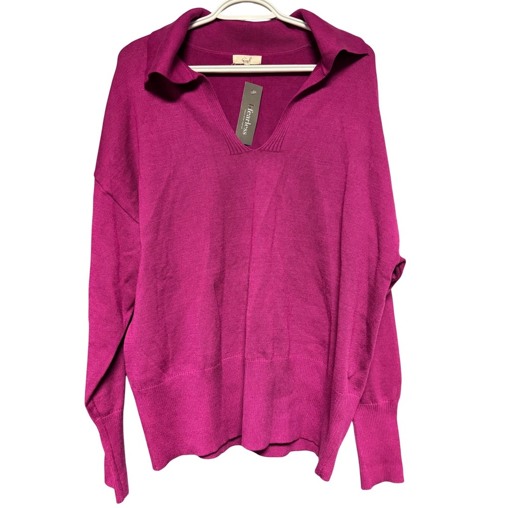 Easel Sailor Collar Long Sleeve Sweater Magenta Pink V-Neck Knit Cozy Large‎ NWT
